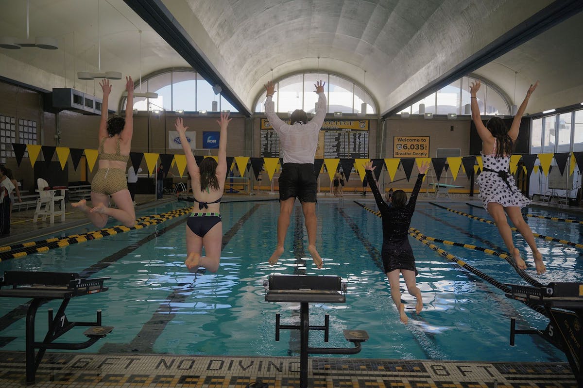 After the SS Regatta competition, part of the Second Saturday Intramural series, one of the winning teams jumps into the pool together to celebrate. Pictured left to right, Simon Williams ‘29, Sabra Forquer ‘29, Tyrell George ‘29, Rosie Weisman ‘29, and Amara Olsen ’29. Photo provided by Benji Rosenblum ’29